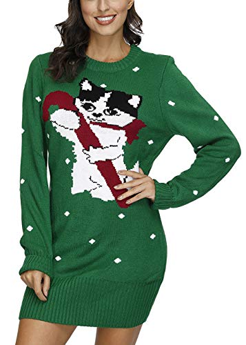 Sovoyontee Women's Cute Funny Hilarious Ugly Christmas Sweater Dress Cat Embroidery S
