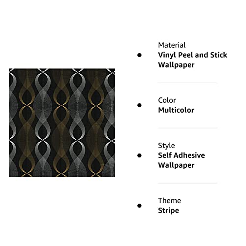 Jlhouse Vinyl 3D Stripe Stick And Peel Wallpaper - Self Adhesive Wallpaper Gold/Black For Kitchen Bedroom Living Room Walls -17.7Inch X 118Inch/Roll #TOP6