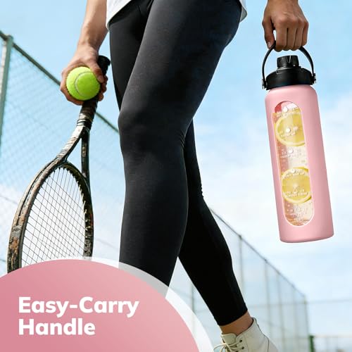 Image of Aqulea 32 oz Glass Water Bottle with 2 Lids - Spout & Straw Lids, 1L Motivational Borosilicate Glass Water Bottle with Time Marker & Silicone Sleeve, Leakproof (Pink)