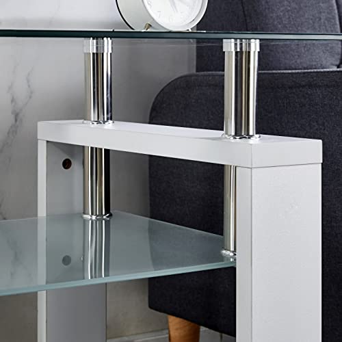Goujxcy Square Glass End Table, White Glass End Table, Small Side Table, 2 Layer Corner Table With Solid Wood Legs And Glass Top & Open Shelf For Bedroom Living Room Home Office (White8) #TOP4