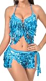 SEAUR Women Belly Dance Dress Sequin Tassel Bra Top, Blue, One Size