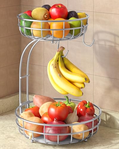 Sevenblue 2 Tier Modern Fruit Basket for Kitchen, Silvery, Extra Large