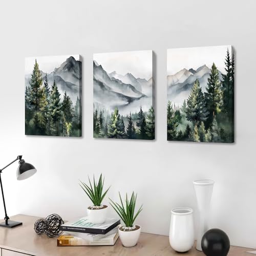 FajerminArt 3 Pcs Vertes Vues Tableau Décoration Murale Salon, Abstrait Montagne Forêt Paysages Encre Impression sur Toile Image sur Toile Peintures sur Toile Décoration Murale pour Chambre 30x40 cmx3 – vue 3