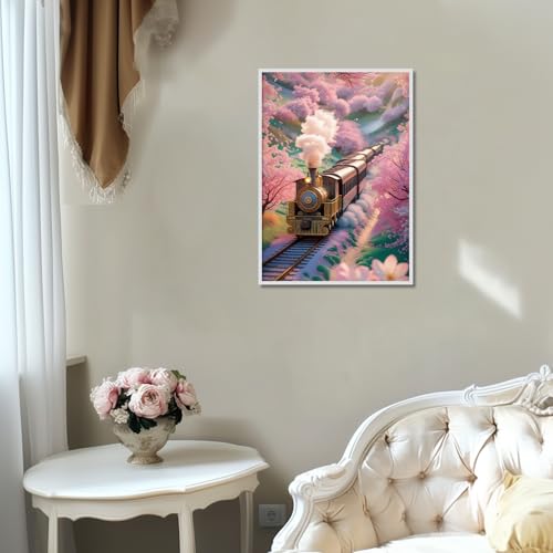 Image of Diamond Art Painting Kits for Adults, Vintage Steam Train 5D Diamond Painting Dots Art Kits for Beginners, Cherry Blossom DIY Full Round Gem Crystal Art Paint by Diamond, Home Wall Decor 12x 16 in