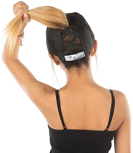 Funky Junque Criss Cross Hat Womens Baseball Cap Distressed Ponytail Messy Bun Trucker Ponycap (American Flag Star Print - Black W/Mesh) #TOP1