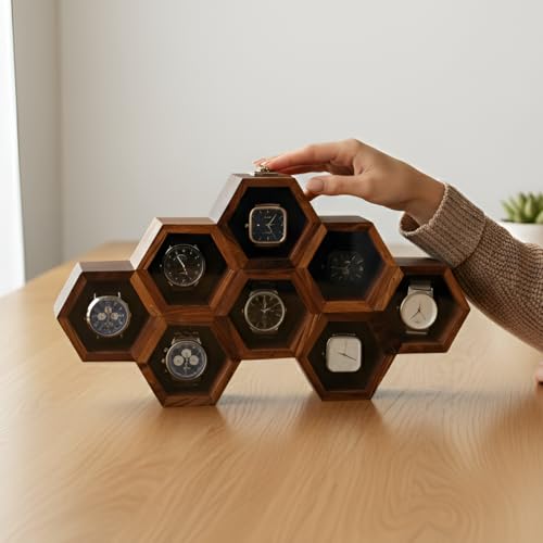 Image of Vintage Wooden Watch Box for Men, Timepiece Display Case, Honeycomb Watch Storage & Organizer, Jewlery Box for Women, Anniversary Gift For Husband (8 Compartments)