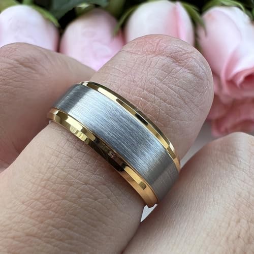 TUTISS 8mm Gold Tungsten Rings for Men Women Fashion Engagement Wedding Bands Stepped Beveled Edges I Love You Engraved Comfort Fit Size 7.5 by TUTISS - Used condition - Image 5