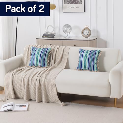 Image of HOKIPO 'Artisan Boho Series' 450 GSM Cushion Cover with Tassels | Cotton Acrylic Jacquard | 16x16 Inch (40x40 cm) | Pack of 2, Royal Blue (IN-905-A2*2)