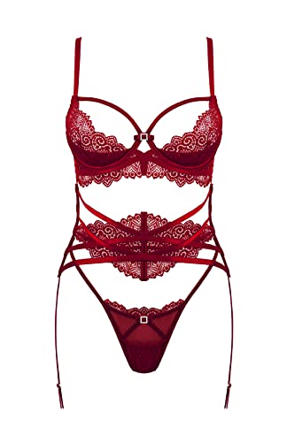 Women Sexy Lace Lingerie Set,Lace Bra Set and G-String Corset with Garter Belt 3 Piece Teddy Bustier Set