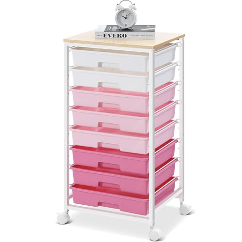 SYKIARIOL Chariot de Salle de Bain 8 Tiroirs - Rangement à Roulettes Avec Plateau en Bois - Pour Salon, Chambre, Bureau - Grande Capacité - Bricolage - Rose