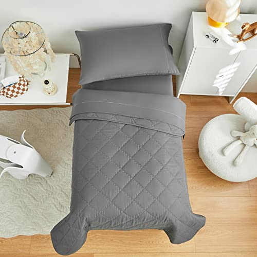 Dark Gray Quilted Toddler Bedding Set 4 Pieces Summer Toddler Bed Quilt Set Includes Toddler Size Bedspread , Flat Sheet, Fitted Sheet And Pillowcase #TOP5