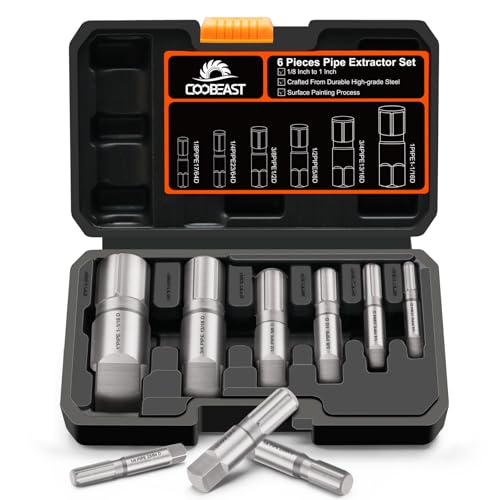 Coobeast Pipe Extractor Set Heavy Duty 6pcs Size-Marked Broken Pipe Extractors for 1/8 - 1 Damaged Threaded Pipes Anti-Slip Grip with Storage Case Extractor Tool for Plumbing Repair in Tight Spaces