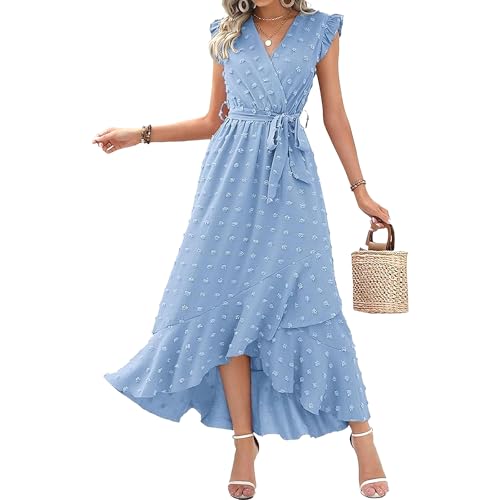 Robe portefeuille à volants et pois pour femme avec coupe longue asymétrique