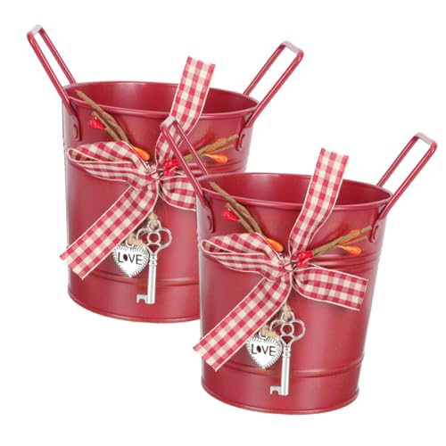 PEPLAYTAL 2 Piezas Maceta Metálica Asa para Flores Suculentas Cubo Decorativo Navideño Rojo con Lazo Maceta Creativa para Jardín Interior y Exterior