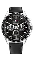 Tommy Hilfiger Men's 1791964 Black Leather Quartz Multi-function Watch, Black, 46MM
