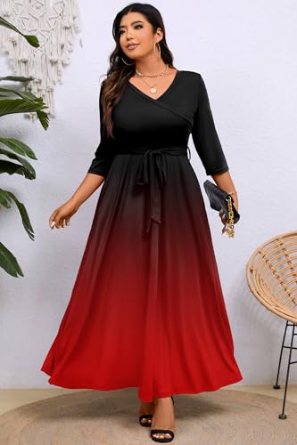 Image of Runwind Plus Size Dress for Women - 3 /4 Sleeve V Neck Maxi Dresses for Women (XL-6XL)