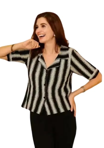 Women's Black & Beige Half Sleeves Button Down Crochet Crop Shirt-picture-28