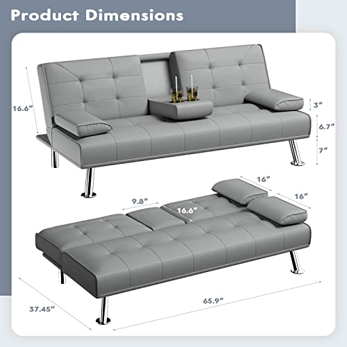 Yeshomy Futon Sofa Bed Modern Faux Leather Convertible Folding Lounge Couch For Living Room With 2 Cup Holders, Removable Soft Armrest And Sturdy Metal Leg, Dark Gray #TOP6