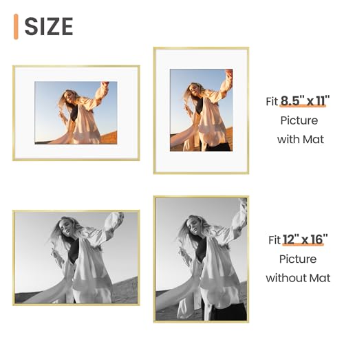 Image of upsimples Aluminum 12x16 Picture Frame Gold, Display Photo 8.5x11 with Mat or 12 x 16 without Mat, Wall Hanging Metal Poster Frame with Acrylic Cover, 1 Pack