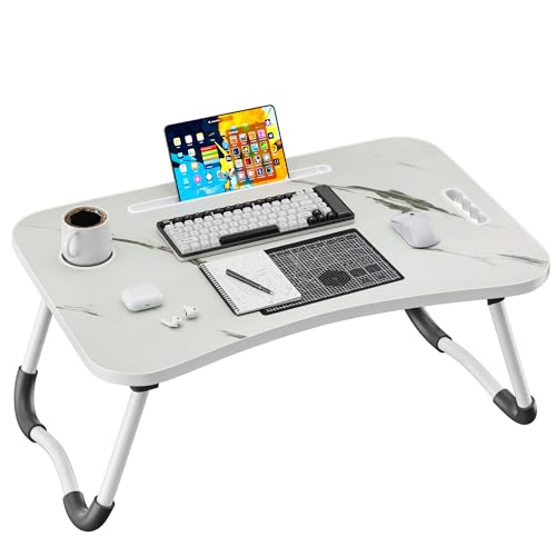 Image of Folding Lap Desk, 23.6 Inch Wood Laptop Bed Desk with Cup Holder, Portable Bed Table for Working Writing Reading & Eating for Bed, Sofa, Couch, Floor - White&Black