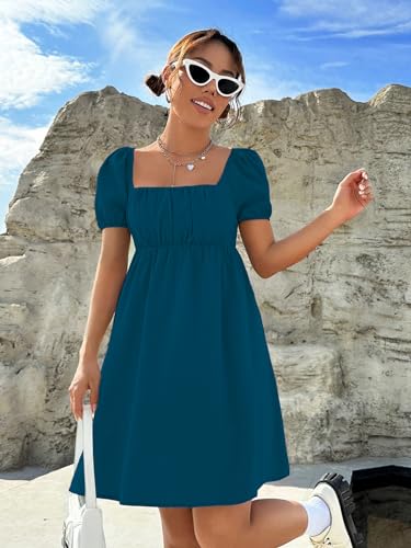 Image of Shasmi Women's & Girl's Dress for Women l One Piece Dress for Women l Beach Dress for Women, Solid Textured Puff Sleeve Square Neck Midi Dress (Dress 115)