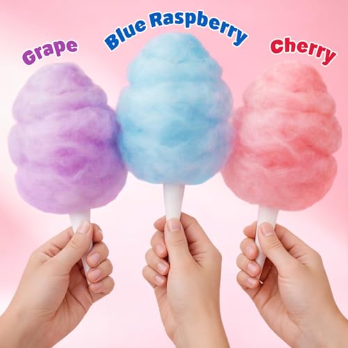 Image of Cotton Candy Sugar Floss Variety Pack - Grape, Raspberry & Cherry Flavors, 3 Bottles (12oz Each) Includes 55 Cones for Home & Commercial Cotton Candy Machines, Parties, Carnivals & Events