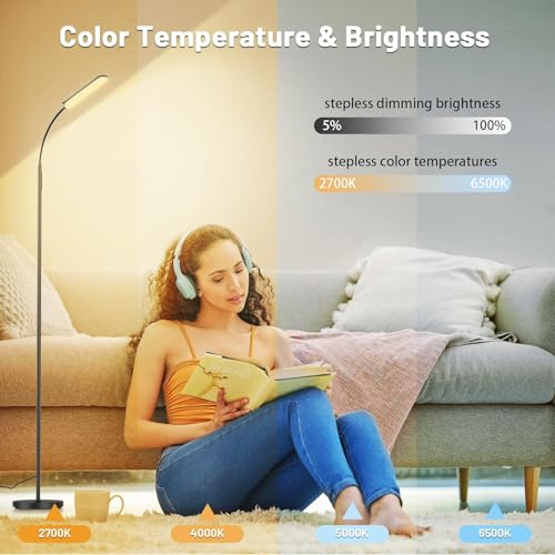 Image of Yikuneng Dimmable LED Floor Lamp, Super Bright Reading Lamps Floor Standing lamp with Remote & Touch Control, Stepless Dimming & 2700K-6500K Color Temperature, for Living Room Bedroom Office, 2 Pack