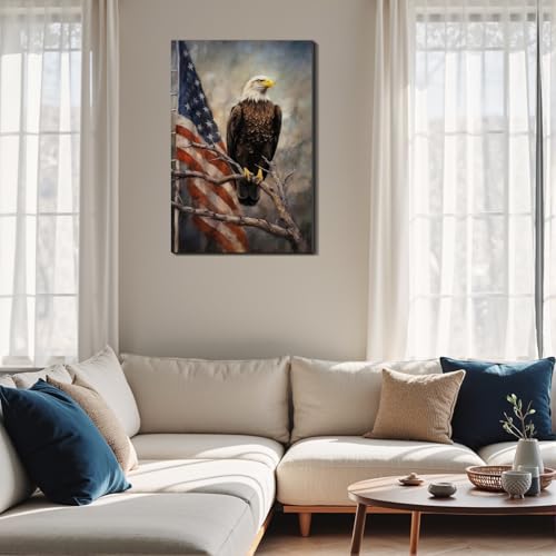 Image of Framed Bald Eagle American Flag Wall Art, Patriotic Rustic Canvas Art Pictures, USA Eagle Wall Decor, Made in USA Ready to Hang for Office Man Cave Living Room