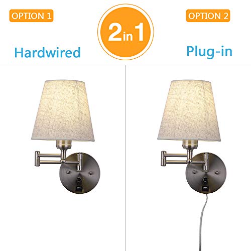 Affsure Bedside Wall Mount Light with Dimmable Switch and USB Port, Swing Arm Fabric Shade Wall Sconce Light with Plug in Cord, Wall Lamp Perfect for Bedroom, Living Room and Hotel