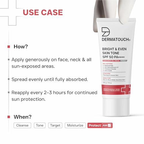Image of DERMATOUCH Bright & Even Skin Tone SPF 50 PA++++ Sunscreen Gel with Dermawhite WF, Niacinamide, Arbutin & Campo Songyi Extract | Broad Spectrum UV Protection | Helps Reduce Tanning & Uneven Skin Tone | Lightweight Gel for Dry to Normal & Combination Skin | 50g