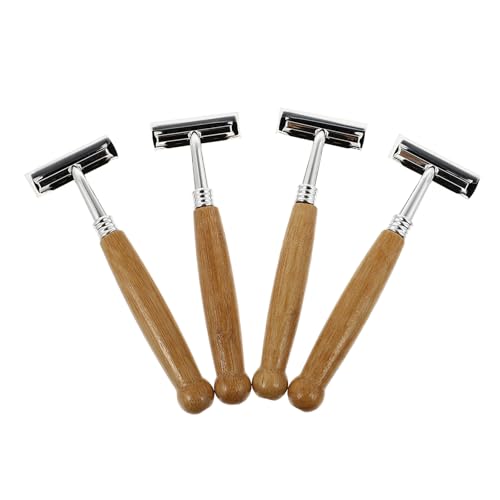 PATKAW Maquinillas de Afeitar Mango de Bambú para Afeitado Masculino, 4 Piezas, Cuchillas de Acero Inoxidable, Diseño Compacto para Uso Diario y Viajes