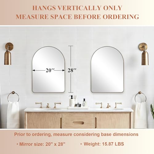 Image of ANDY STAR Arched Mirror, 20 x 28 Inch Brushed Gold Wall Mirror in Stainless Steel Metal Frame, Arch Top Rounded Corner 1 Inch Deep Set Design Wall Mount Hangs Vertical