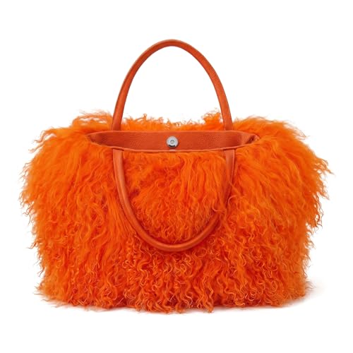 Image of Women Luxury Real Lamb /Mongolian Flush Wool Fur With Genuine Leather Handles Handbag