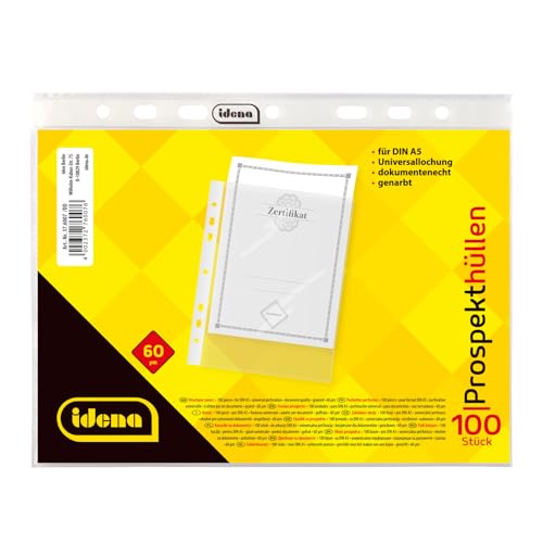 Idena 376007 - 100 Stück Klarsichthüllen A5 genarbt, Prospekthüllen aus Kunststoff 55µ, dokumentenecht, Klarsichtfolien mit Universallochung