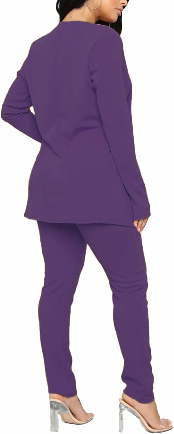 Aro Lora Women's 2 Piece Outfit Casual Solid Open Front Blazer and Pencil Pant Suits Set - Image 2