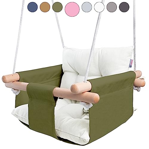 Image of CaTeam - Canvas Baby Swing, Wooden Hanging Swing Seat Chair with Safety Belt, Durable Baby Swing Chair, Outdoor and Indoor Swing for Kids, Mounting Hardware Included, Green