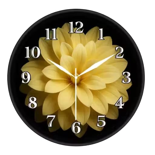 Image of Stunning Yellow Flower Wall Clock for Living Room Decor | Round Analog Silent Non-Ticking Clock with Black Frame | Floral Nature Watch for Bedroom, Kitchen & Office | High Contrast Modern Design