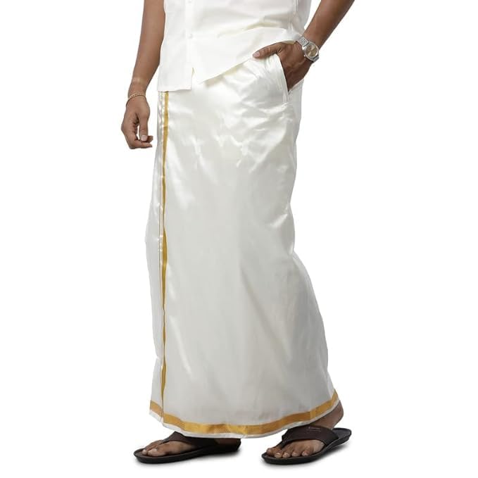 uathayam Velcro Art Silk Solid adjustable Gold Jari Border Pocket Double Dhoti For Men Pack Of 1-picture-48