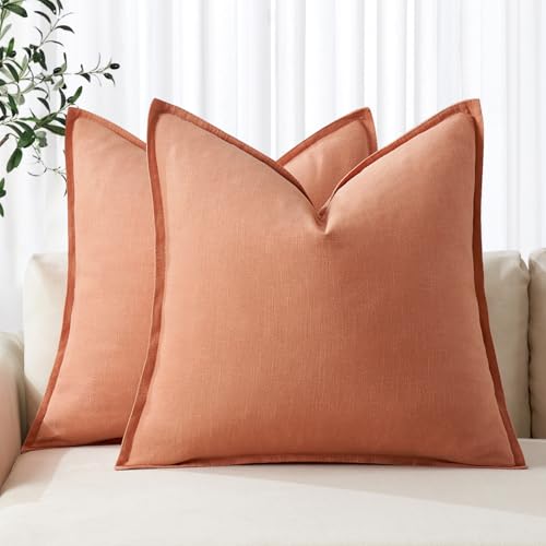 Image of MIULEE Decorative Linen Pillow Covers 18x18 Inch Coral Boho Farmhouse Neutral Spring Couch Throw Pillows for Bed Pack of 2 Accent Modern Pillowcase Summer Sofa Livingroom Home Decor
