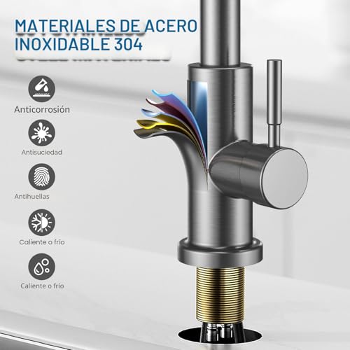 Miniatura 4 de Grifo Cocina Extraible, Mezclador De Fregadero Con Base Removible, 2 Funciones Caño Giratorio A 360 Grifo De Cocina Fregadero Agua Caliente Y Fría De Acero Inoxidable Gris