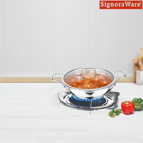 Image of Signoraware Artista Tri Ply Stainless Steel Shallow Kadhai 20cm with Glass Lid | Induction & Gas Compatible | Durable | Ideal for Stir Frying & Sauteing | Best for Curry & Gravies (1.6 LTR | Steel)
