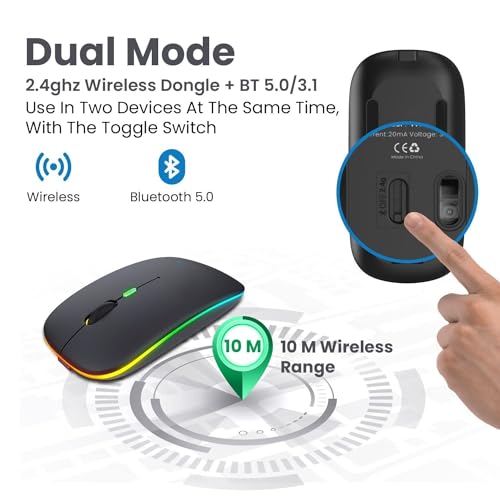 Image of Electro Wolf WM20 Lucid 2.4G Wireless + Bluetooth 5.1 Mouse, Slim Rechargeable 500mAh Silent Click RGB LED Gaming Mouse, DPI Upto 1600 - Lucid Black