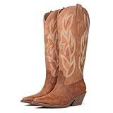 Hawkwell Bottes de Cowboy pour Femme Hautes – Santiags à Talon Bloc avec Broderies – Bottes Western en Simili Cuir avec Fermeture Éclair, Style Rétro Country, Marron, EU 40