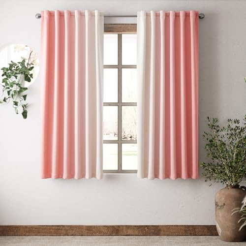 Image of Vangao Pink Ombre 100% Blackout Kids Curtains 63 Inch Long for Living Room Bedroom Gradient Room Darkening Thermal Insulated Light Blocking Drapes Back Tab Window Soundproof Curtain Panel, 2 Panels