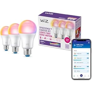 WiZ Connected Smart Light Bulbs, Sunset to Sunrise Automation + Motion Detection + Control with Voice or App, Full Color A19 60W 800LM Indoor, Matter Compatible -3 Pack