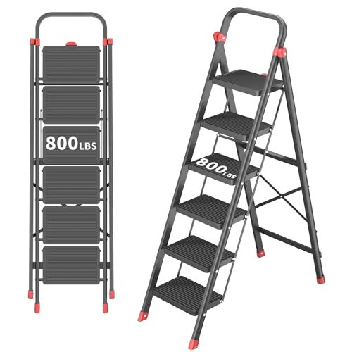DIAMONDFORGE 6-Step Folding Step Stool Ladder with Handle, Anti-Slip Wide Pedals & Feet, 800lbs Capacity Sturdy Ladder for Home Kitchen Adults, Black Red