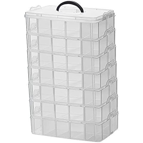 Sooyee 7 Layers Stackable Storage Container, 70 Adjustable Compartments Stackable Storage Container for Kids Toys, Art Crafts, Jewelry, Supplies, Mini Case & Letter Sticker Included,Clear Cover