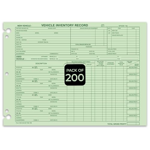 Vehicle Inventory Record Forms DSA-542-85 - Automotive Inventory Log Sheets 10-3/8" x 7-1/2" - Front & Back Printed, 28 lb Green Paper, Keyhole Punched Binder Forms - Pack of 200