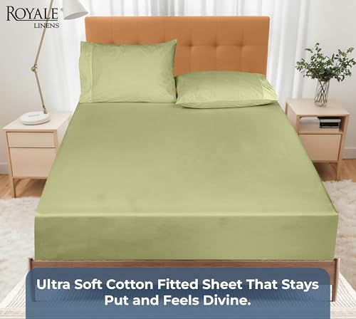 Image of Royale Linens 100% Organic Cotton Fitted Sheet - Percale Weave - Super Soft Deep Pocket Bottom Sheets - Sage Green Elastic Sheet Twin XL Size - Twin XL Fitted Sheets Only - (39 inchx80 inch+15 inch, Sage Green)
