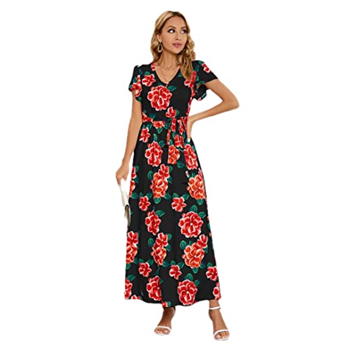 Robe d'été pour femme à col en V col et motif fleuri fluide en taille S